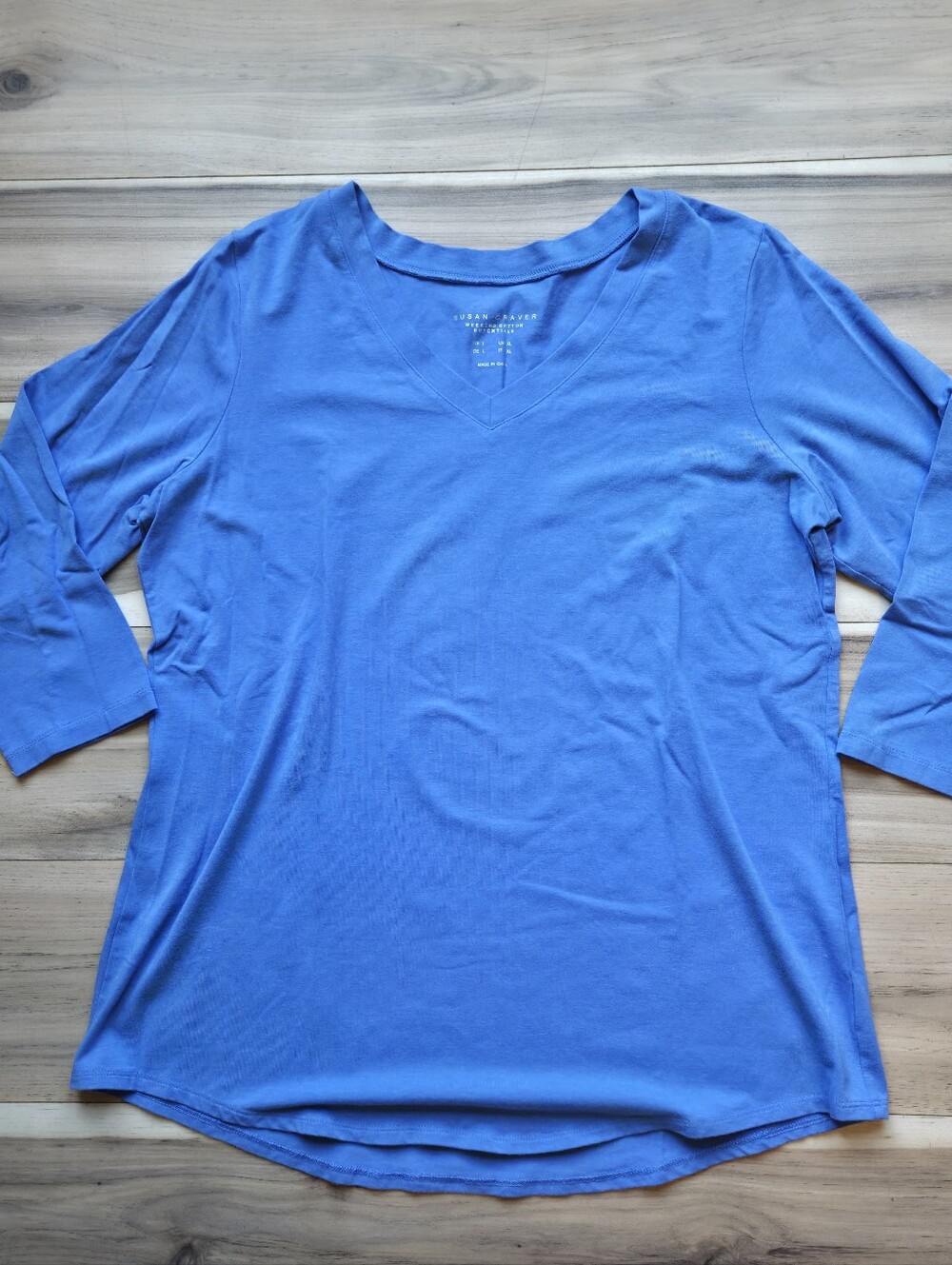 Susan Graver Weekend Cotton Essentials Blue V-Neck 3/4 Sleeve Top Size Large L